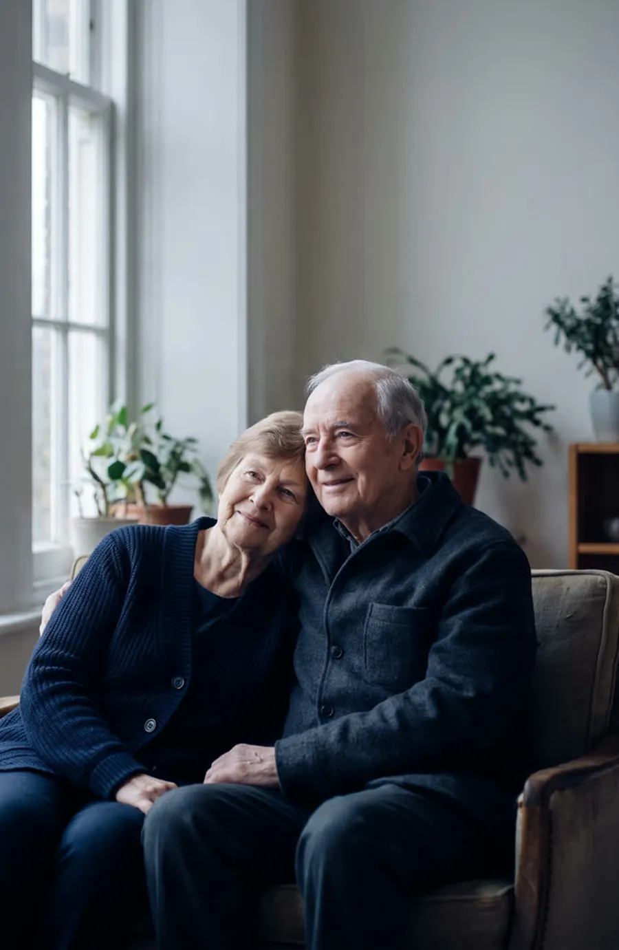 Elderly couple seated together by a bright window